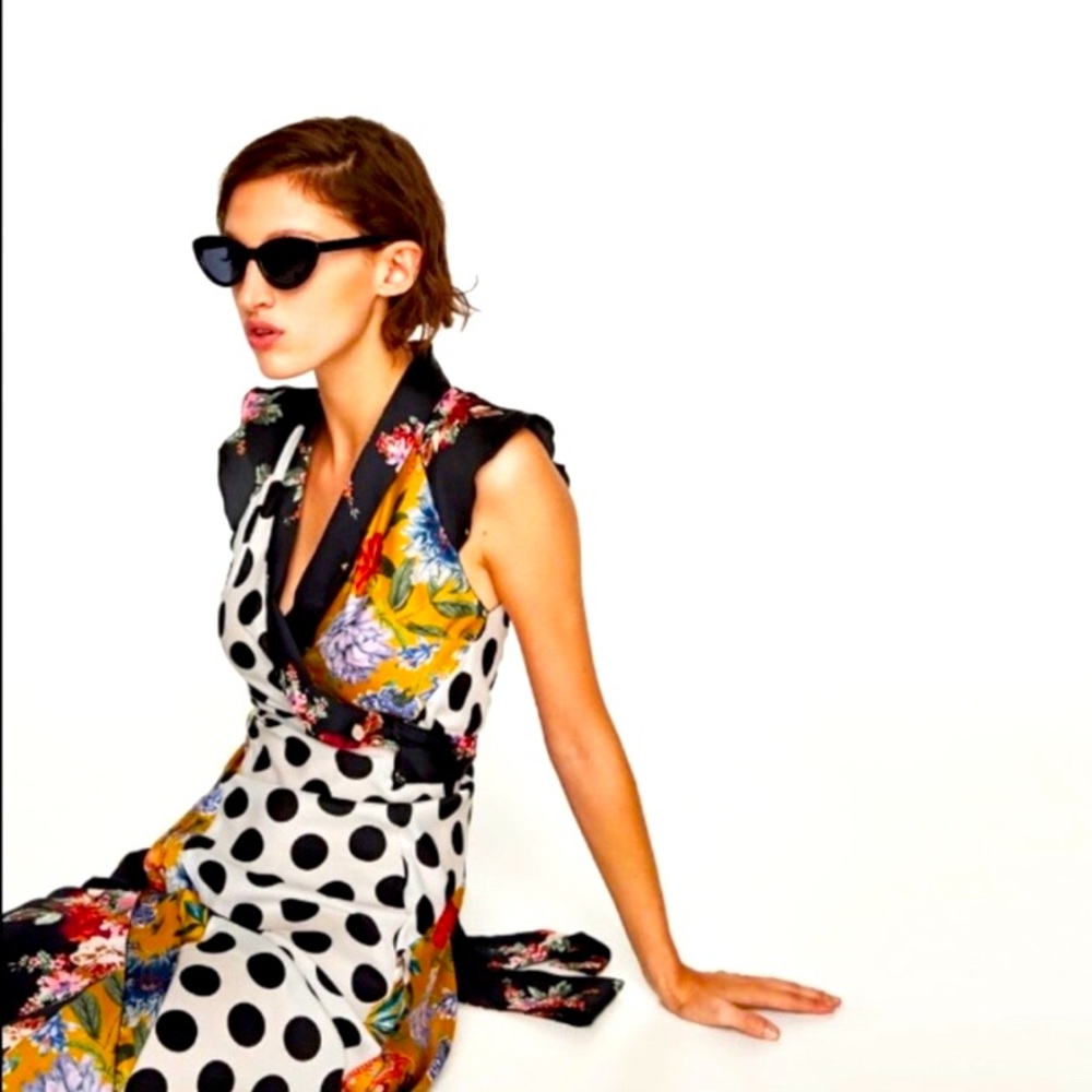 Zara Floral & Polka Dot Patchwork Dress  black and floral size medium